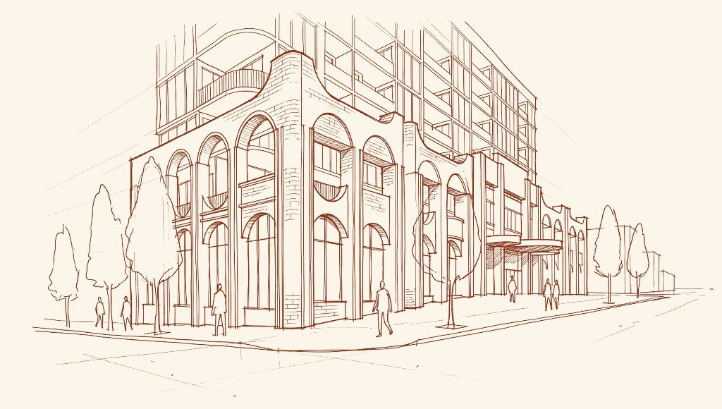 Architectural sketch of the Stanmore Village street corner Architectural sketch of the Stanmore Village street corner